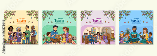 Christian Easter family celebration with church interior, parents and children reading and gathering together, spiritual spring holiday scene with cross and community, set vector illustration