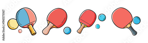 Collection of four table tennis paddles and balls, sports equipment icons.