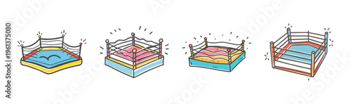 Hand drawn boxing ring set, colorful wrestling arena icons, 4 sports ring SVG elements