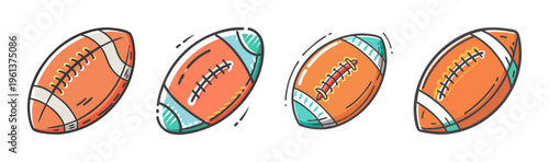 Hand drawn american football set, 4 colorful sports ball icons, cartoon rugby svg icons