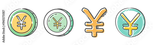 Japanese Yen currency symbols and coins, representing finance and monetary exchange.