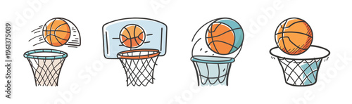 Basketball hoop and ball icons in a cartoon style, representing game action