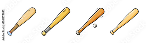 Wooden baseball bat icons set, 4 cartoon sports equipment svg, brown wood bat graphics