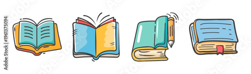 Hand drawn book icons set, colorful doodle books, education and reading vector clipart