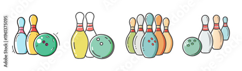 Bowling alley icons with pins and balls in a playful cartoon style