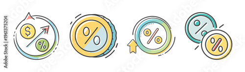 Collection of icons representing financial interest rates, dollar signs, and percentage symbols.