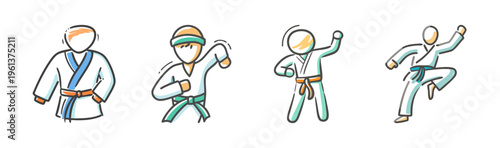 Set of stylized icons depicting karate practitioners in various martial arts poses and uniforms.