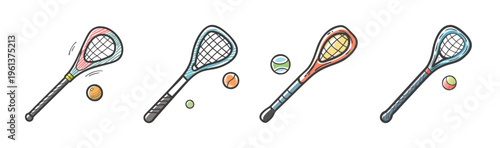Set of four stylized lacrosse sticks and balls in various colors, icons.