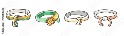 Collection of four martial arts belts tied in different knots, hand-drawn style.