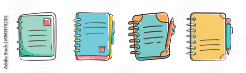 Notebook icons with spiral binding, pages, and pencils, representing writing and education