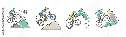 Mountain biking icons showing cyclists descending steep slopes and jumping over obstacles