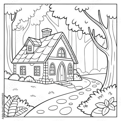 Cozy House in Forest Landscape Coloring Page