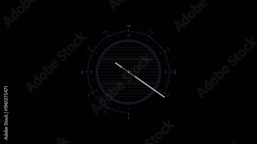 Futuristic radar HUD interface with circular scan and rotating line on dark background. Ideal for sci-fi visuals, tracking systems, and tech overlays.