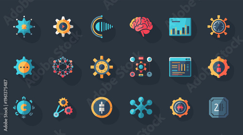 Vibrant digital illustration with geometric shapes and symbols on a dark background, conveying innovation and technology.