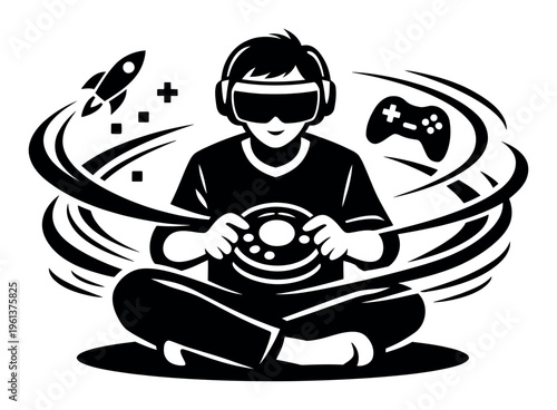 Person wearing VR headset and headphones, playing a virtual reality game, immersed in a digital world with a controller and rocket