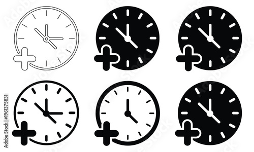 Extra time icon, clock with add plus sign, overtime or extended duration concept, time management symbol, schedule adjustment illustration, minimal flat design, vector illustration isolated on white 