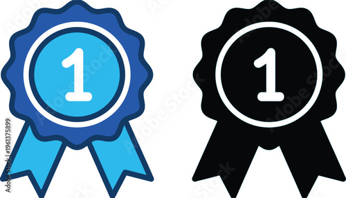 First place ribbons blue and black award badges with number one