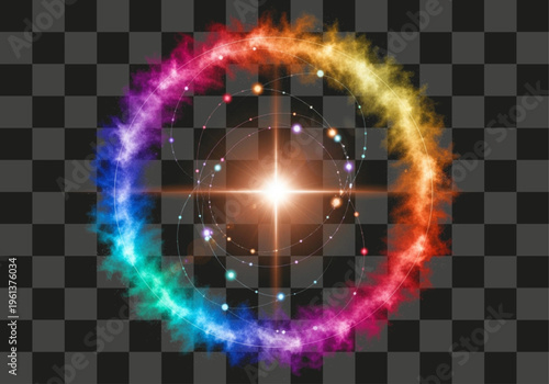 Energetic particle ring with glowing central star and orbital light paths on transparent background