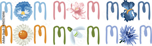 set of lettering icons "mom" with floral elements, where instead of some letters there are buds of various flowers, for postcards, posters, printing and social networks