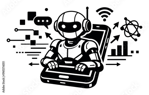 Robot chatbot emerging from a smartphone screen, symbolizing artificial intelligence, tech support, and data processing