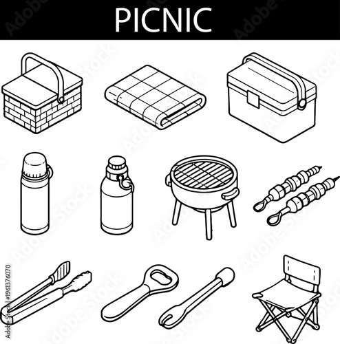 set of icons of accessories and various things for cooking on a picnic in line art style, for various backgrounds, printing or social networks