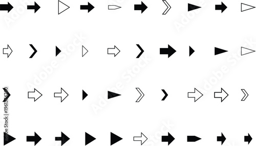 An extensive assortment of black and white arrow indicators in various shapes pointing consistently toward the right