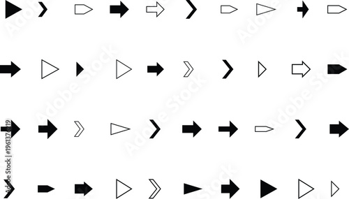 An organized collection of diverse black and white arrow indicators on a clean white surface