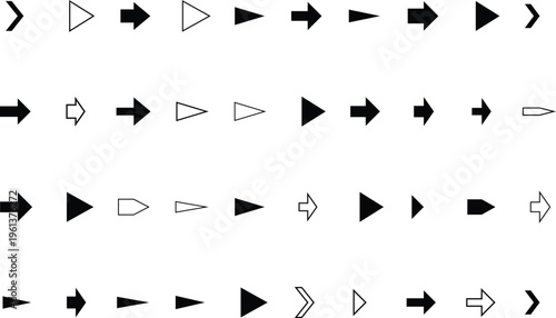 An organized pattern of various black and white right pointing arrow icons on a white canvas