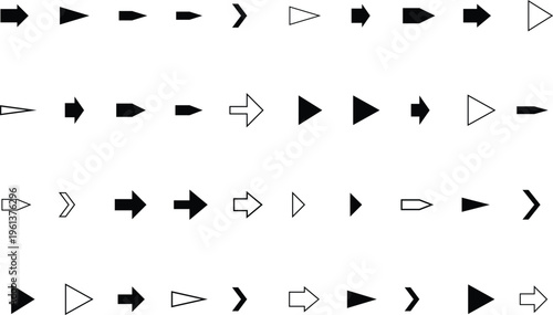 Many different black and white arrow shapes presented clearly on a clean bright white surface