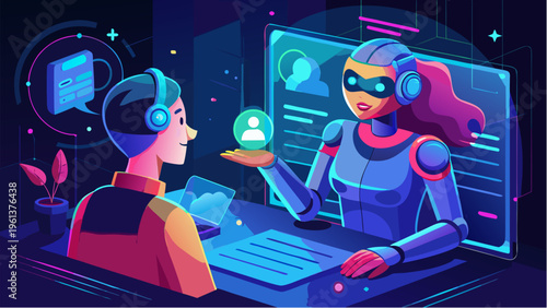 Futuristic virtual assistant interacting with user in digital interface with holographic elements and artificial intelligence concept