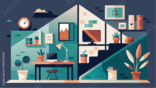 Modern home interior cross section with workspace living area stairs and decor elements in cozy house environment