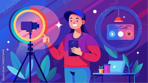 Content creator recording video with smartphone and ring light in home studio for social media blogging and streaming