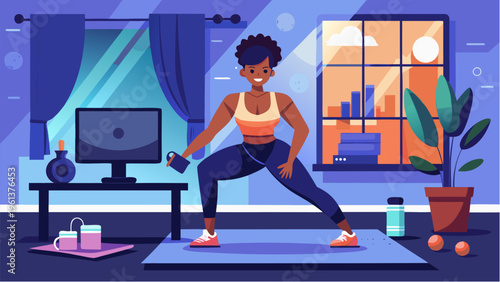 Woman doing home workout lunges in cozy living room with fitness mat and equipment near window at sunset