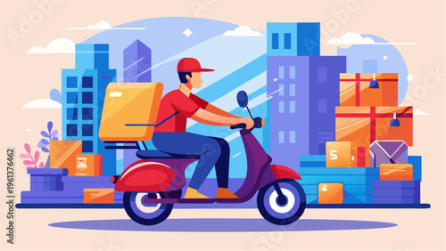 Delivery courier riding scooter with packages in city illustrating fast shipping service and logistics concept