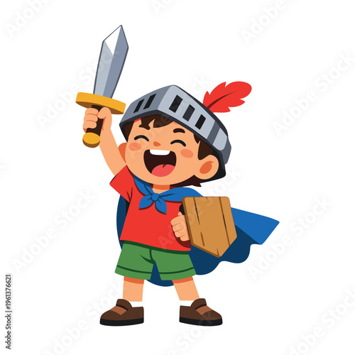 Cartoon boy joyfully playing knight, wearing a helmet and cape, holding a sword and shield, celebrating childhood imagination
