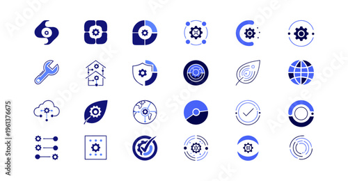 Contemporary dual-tone vector symbols for worldwide communication, technology, and system settings. This 24-piece collection is ideal for software interfaces, IT branding, and technical dashboards bec