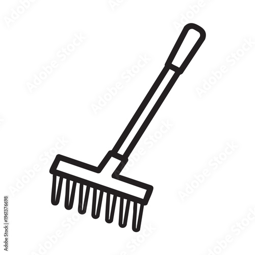 A clear outline illustration of a garden rake for landscaping and gardening purposes.