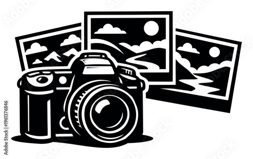 Camera creating landscape images with mountains, rivers, clouds, and sun, symbolizing photography, art, and adventure media