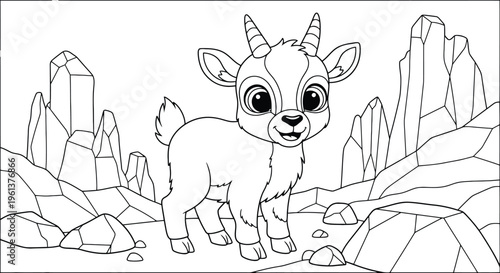 A charming cartoon goat stands amidst a landscape of jagged outlined crystals