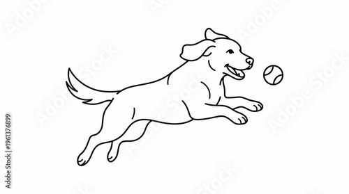 Line art illustration of a happy dog jumping to catch a ball