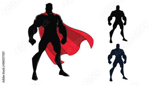 Silhouette superhero male with flowing red cape standing in a powerful pose, shown in multiple variations.