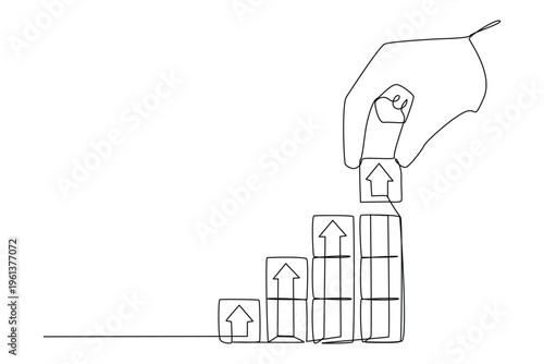 Continuous one line art of a hand stacking blocks with rising upward arrow onto a staircase, a business concept of National Productive Business Civility Day event.