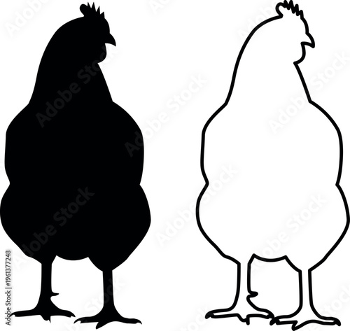 Two chickens depicted in contrasting black and white line art styles