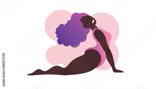 Woman with purple hair in a pink swimsuit performing a yoga cobra pose against soft pink circles featuring pilates, meditation, wellness with fitness