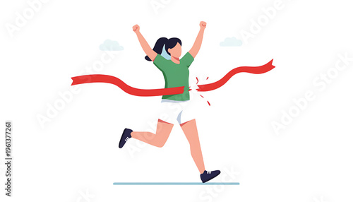 Runner breaking the finish line ribbon with raised arms in a moment of victory, celebrating achievement and success.