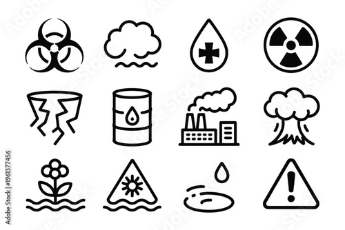 Photography Eco-risk icon set, linear eco hazard indicators featuring toxic symbol, pollutio