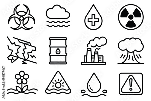 Photography Eco-risk icon set, linear eco risk indicators including toxic symbol, pollution