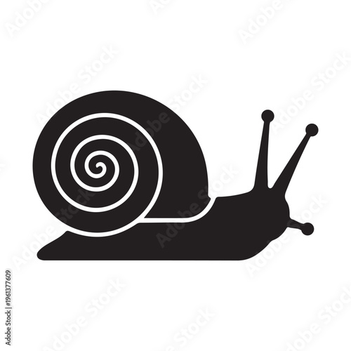 Silhouette of a garden snail with a spiral shell and extended antennae, isolated on a white background.