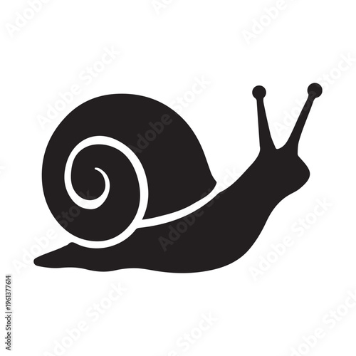 Silhouette of a garden snail with a spiral shell and extended antennae, isolated on a white background.