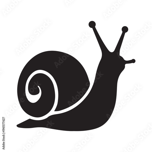 Silhouette of a garden snail with a spiral shell and extended antennae, isolated on a white background.